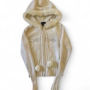 Bebe Women's Cream Fuzzy Hooded Cardigan